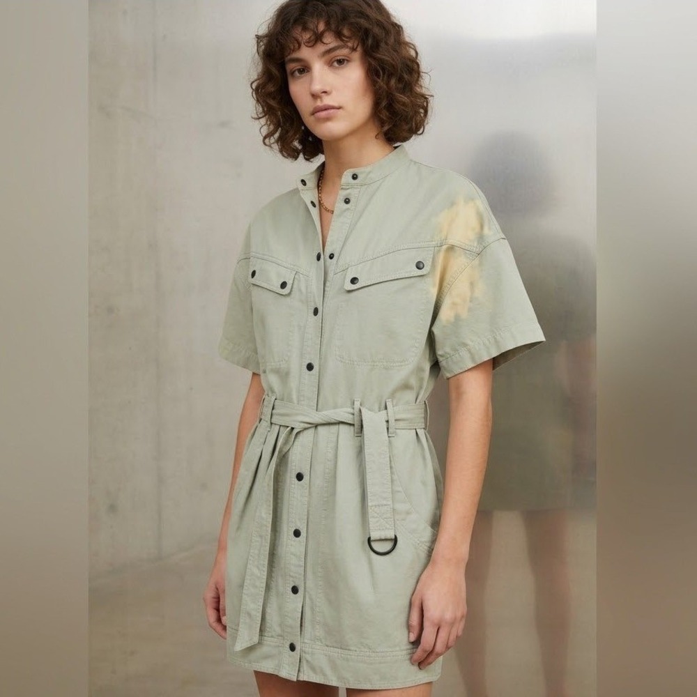 Isabel Marant Zolina Mini‎ Shirt Dress 42 Lg Green Short Sleeve Snap Front READ
